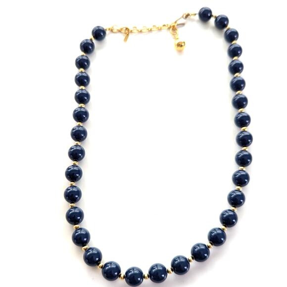 Vintage Monet Navy Blue Gold Classic Beaded Retro 50s Style Classic Necklace - Picture 3 of 4